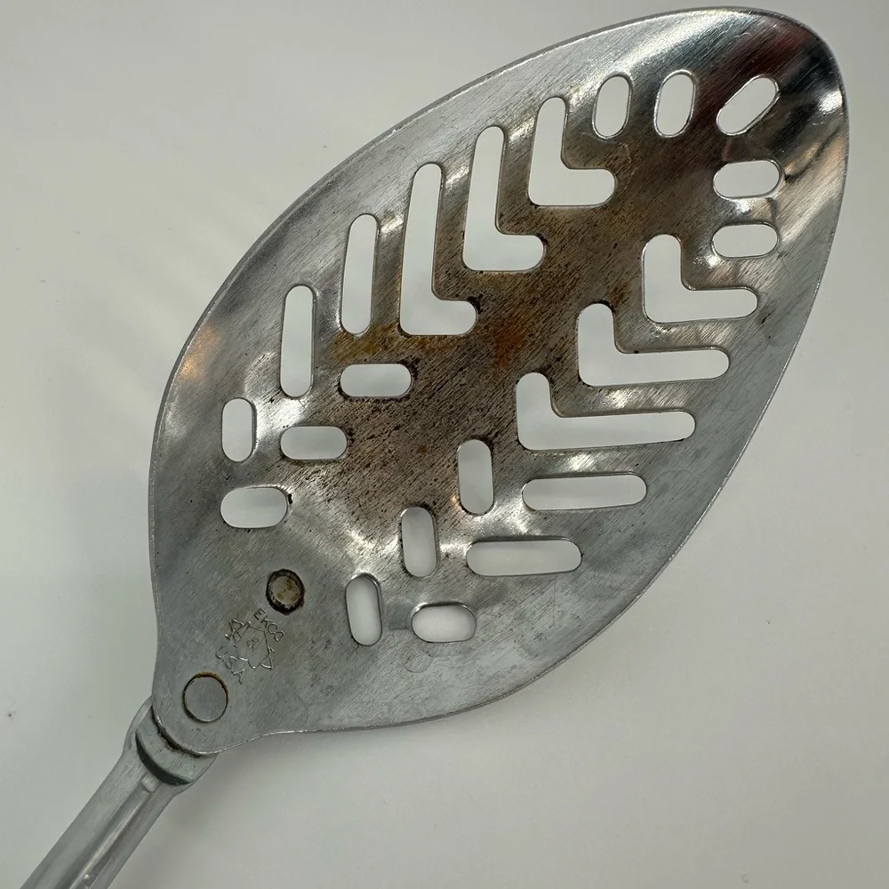 Vintage Ekco Slotted Spoon Approximately 12 inch Wooden Handle Chrome Plated